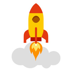 A simple, flat design illustration of a red and yellow rocket launching upwards, with a plume of grey smoke or exhaust underneath