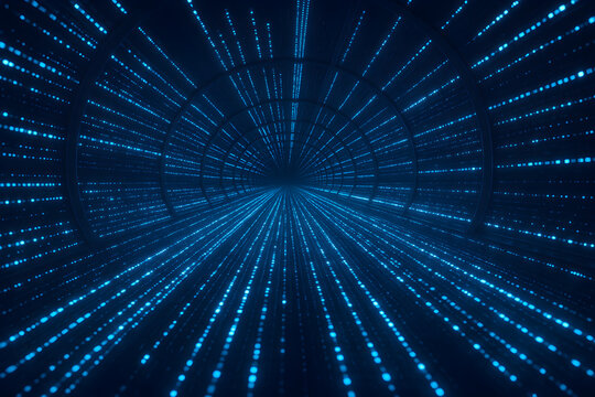 Fototapeta Futuristic glowing blue tunnel with abstract light patterns.