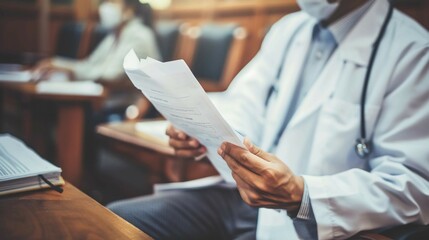 Obraz premium Distressed doctor holding legal documents with worried expression, symbolizing medical lawsuit stress and legal challenges in healthcare profession.