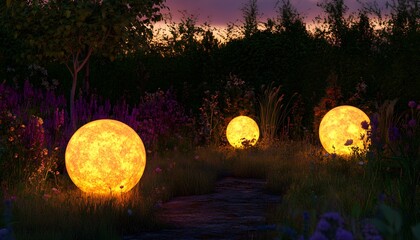 Illuminated sphere lamps in a garden setting at twilight.