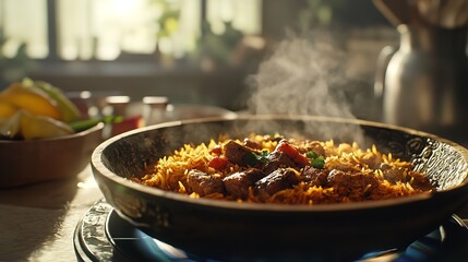 Delicious Steaming Paella: Authentic Spanish Rice Dish Recipe & Food Photography