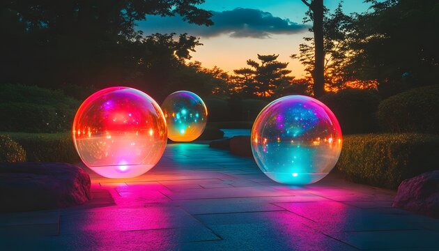 Colorful orbs illuminating a garden path at dusk.