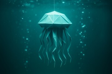 Creatively folded origami jellyfish suspended underwater, showcasing intricate paper artistry