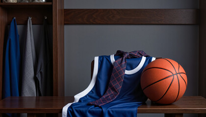 Basketball jersey with necktie on locker bench, Father’s Day sports gift styling