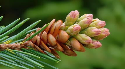 Close-Up of Young Pine Cones on an Old Mature Tree Branch with Green Background