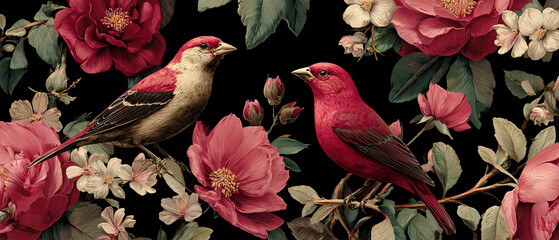 Two birds perched among vibrant red and white flowers against a dark background creating a beautiful scene