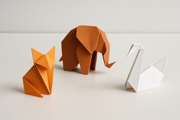 Colorful origami animals including a fox, elephant, and swan displayed on a clean table