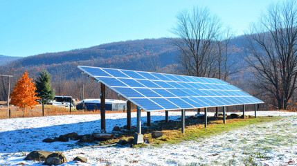 A solar panel array in a snowy landscape with a mountain in the background.