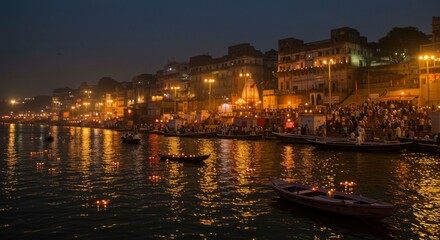 Fototapeta premium Night scene of a riverbank with illuminated buildings, boats, and people participating in a ceremony