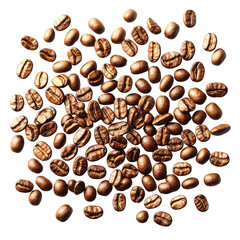 Obraz premium Close-up of roasted coffee beans scattered on a white background for brewing and aromatic coffee preparation