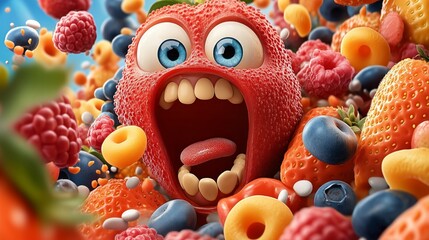 whimsical berry character made of fruit with a surprised expression. The colorful fruits and berries create a playful and vibrant scene.