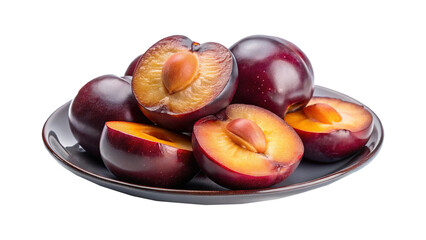 Fototapeta premium Delicious and vibrant plums cut in half showing the juicy interior fruit