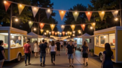 Blurred Food Truck Festival at Night with Colorful Pennant Banners