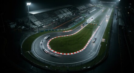 Night race track with cars speeding around a curve under bright stadium lights