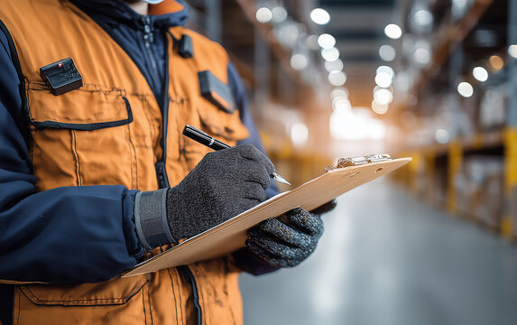 Pracownik magazynu w pomarańczowej kamizelce i rękawicach, zapisuje coś na clipboardzie. Scena przedstawia logistykę, inwentaryzację i kontrolę jakości w pracy.