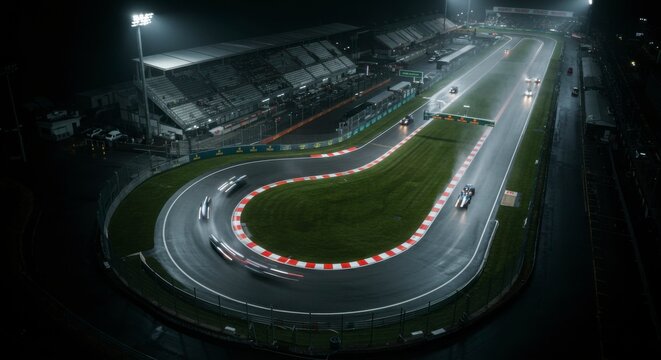 Night race track with cars speeding around a curve under bright stadium lights