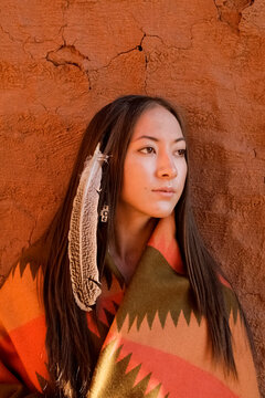 Native American woman (Cherokee tribe) wrapped in a blanket