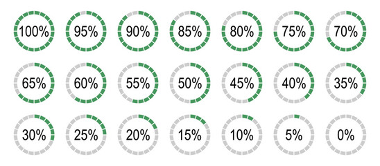 Percentage infographics flat elements. Round diagrams icons for infographics from 0 to 100 percent.  Circle graph loading progress templates. Green, grey color fill divided pie charts indicators.