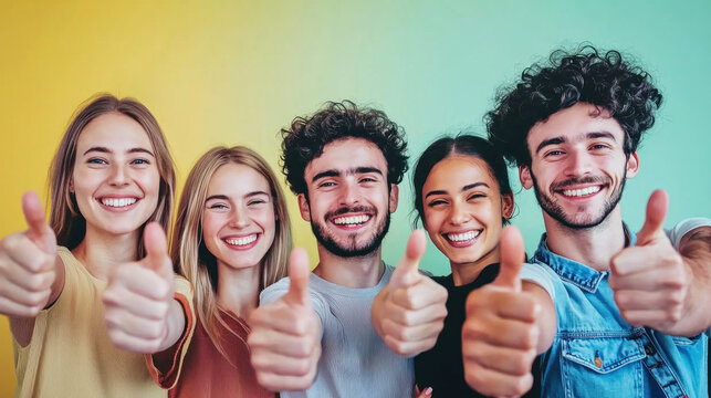 A group of five young adults standing together, smiling and giving thumbs up signs.