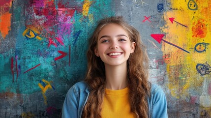 Smiling caucasian teen girl standing against colorful artistic graffiti wall