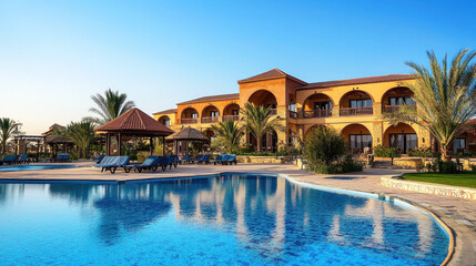 A luxurious hotel with a pool and palm trees in the background.
