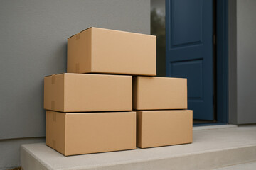 Cardboard delivery boxes stacked on residential doorstep outside entrance, contactless home parcel shipment and package receiving concept