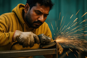 Focused male worker in protective gloves using angle grinder on metal surface, producing bright flying sparks in industrial workshop
