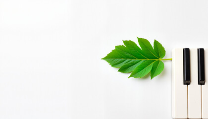 Piano keys with green leaf on white background, minimalist eco music concept