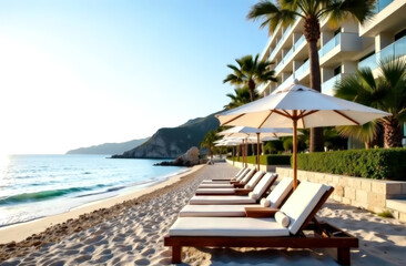 Obraz premium an advertising poster for tourism is a view of the coast of the sea or ocean with a sandy shore in the light of the setting sun. stay at a premium hotel on the coast