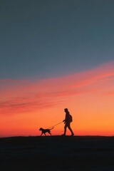 Fototapeta premium Silhouette of a person walking a dog at sunset