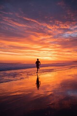 Silhouette running on beach at sunset colorful sky
