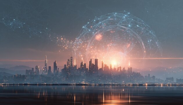 Futuristic Smart City at Sunset with Digital Network Overlay