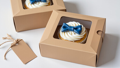 Cupcake in kraft box with blue fondant tie, Father's Day gift, personalized bakery packaging