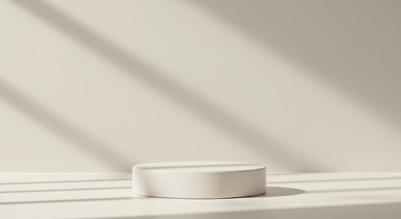 Minimalist Cream Tone Wall and Cylinder Pedestal Bathed in Soft Sunlight Ambiance