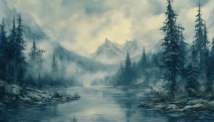 Misty mountain landscape with a tranquil river.