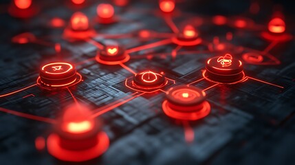 Close-up view of glowing red buttons on a futuristic circuit board.