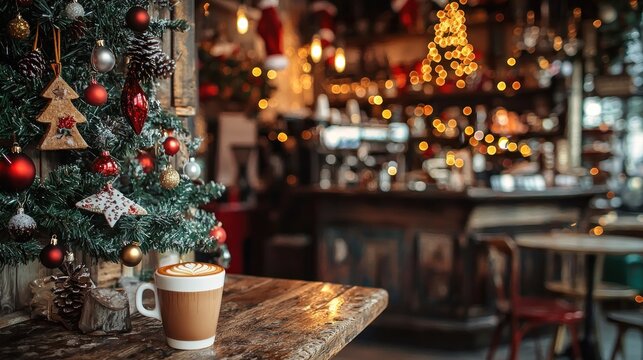 Cozy Christmas Coffee Shop Ambiance: A Festive Latte by a Decorated Tree