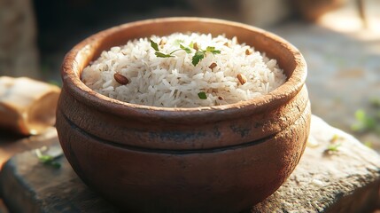 Clay Pot of Steamed Rice: Close-up Food Photography