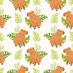 Seamless pattern with funny kawaii capybara and tropical leaf in cartoon flat style, arranged in polka dot order on light background.