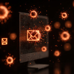 A computer screen displaying an email icon surrounded by virus like structures in a dark setting
