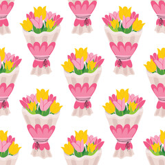 Seamless pattern with bouquet of pink and yellow tulip in cartoon flat style, arranged in polka dot order on white background.