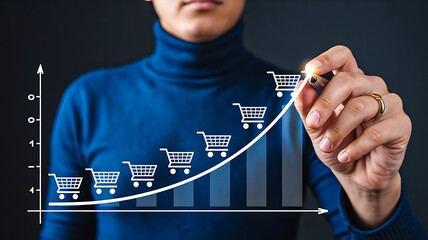 Person drawing growing shopping cart sales graph representing e commerce growth

