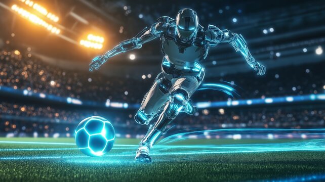 Futuristic humanoid robot competing in an intense soccer match in a high-tech stadium