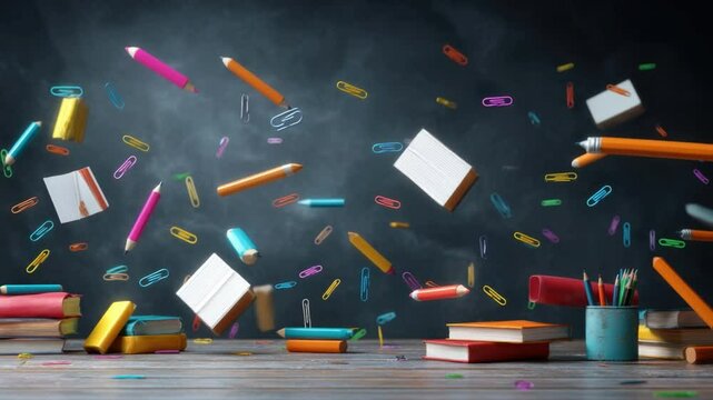Education tools on Desk: A vivid collection of educational tools - pens, pencils, erasers, and books - seemingly suspended in mid-air against a chalkboard backdrop. A burst of creativity.