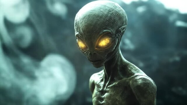 Grey alien with radiant eyes in mysterious landscape