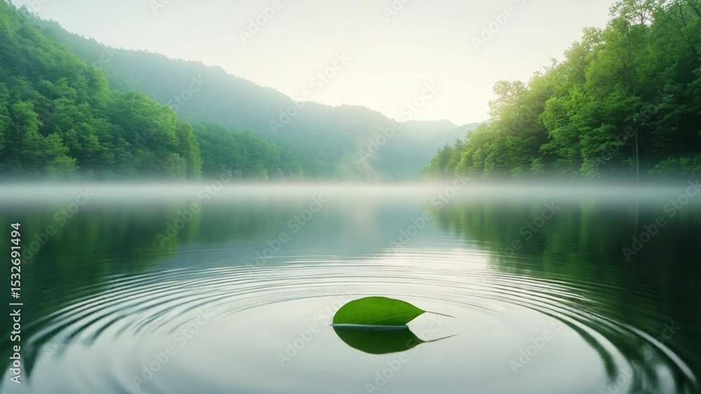 Poster serene leaf on tranquil waters: a captivating scene of a single leaf floating serenely upon a calm l