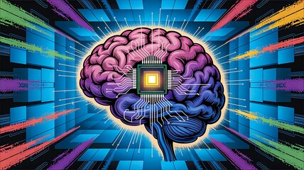 Artificial intelligence brain with central processor chip in futuristic digital style
