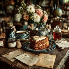 Fototapeta premium Charming vintage tea setting with homemade cake and handwritten letters on a rustic wooden table surrounded by flowers in a cozy, warm atmosphere