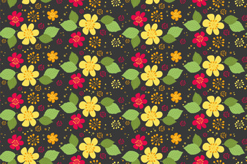 Seamless floral pattern of bright flowers and yellow polka dots. Vector endless repeating pattern. Flat red and yellow floral elements with green leaves. Textile, wrapping paper, fabric design