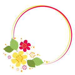 Round frame with lines decorated with floral composition. Vector background for photo, text, copy. Simple flat shapes of elements. Delicate wedding design stickers, cards, label